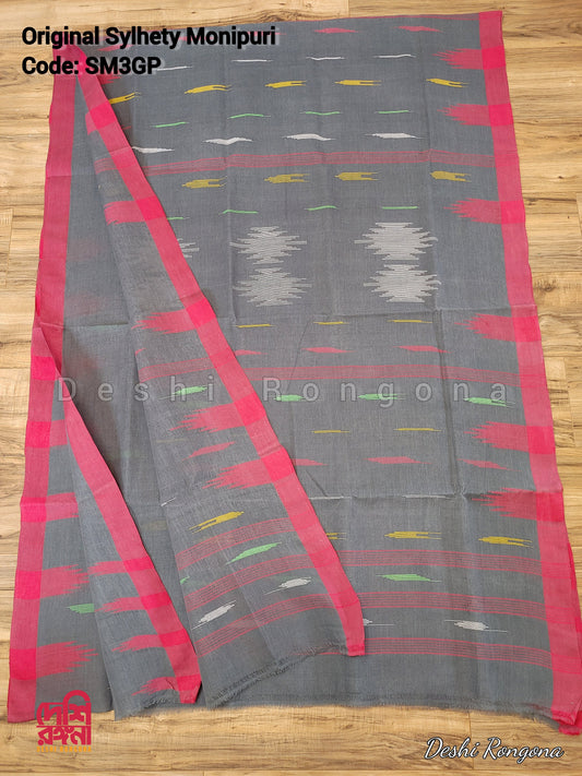 Sylheti Original Monipuri Handwoven Soft Cotton Saree, Gray with Pink Woven Border, Ganga Jamuna Border, Bangladeshi, Traditional Saree