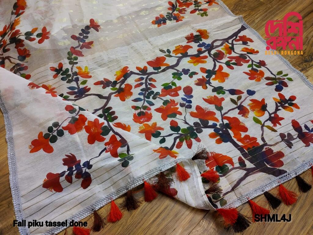 Original Dhakai Jamdani Handpainted, Halfsilk, Red/White Bombax Flower theme Handloom, 64 count thread, Traditional, Elegant, Classy Saree