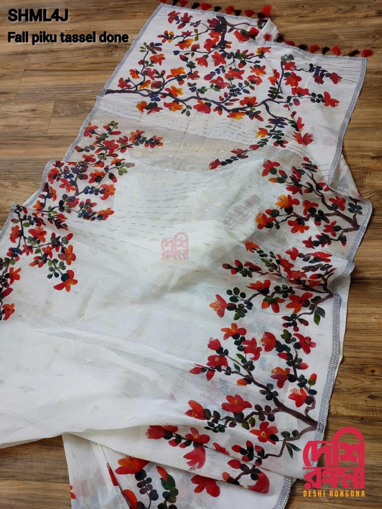 Original Dhakai Jamdani Handpainted, Halfsilk, Red/White Bombax Flower theme Handloom, 64 count thread, Traditional, Elegant, Classy Saree