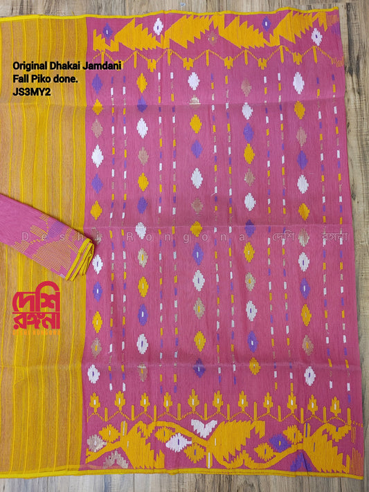 Original Dhakai Jamdani Saree, Magenta and Yellow contrast, Halfsilk, Handwoven 4O count thread, Traditional Classy Saree, Fall Piko Done