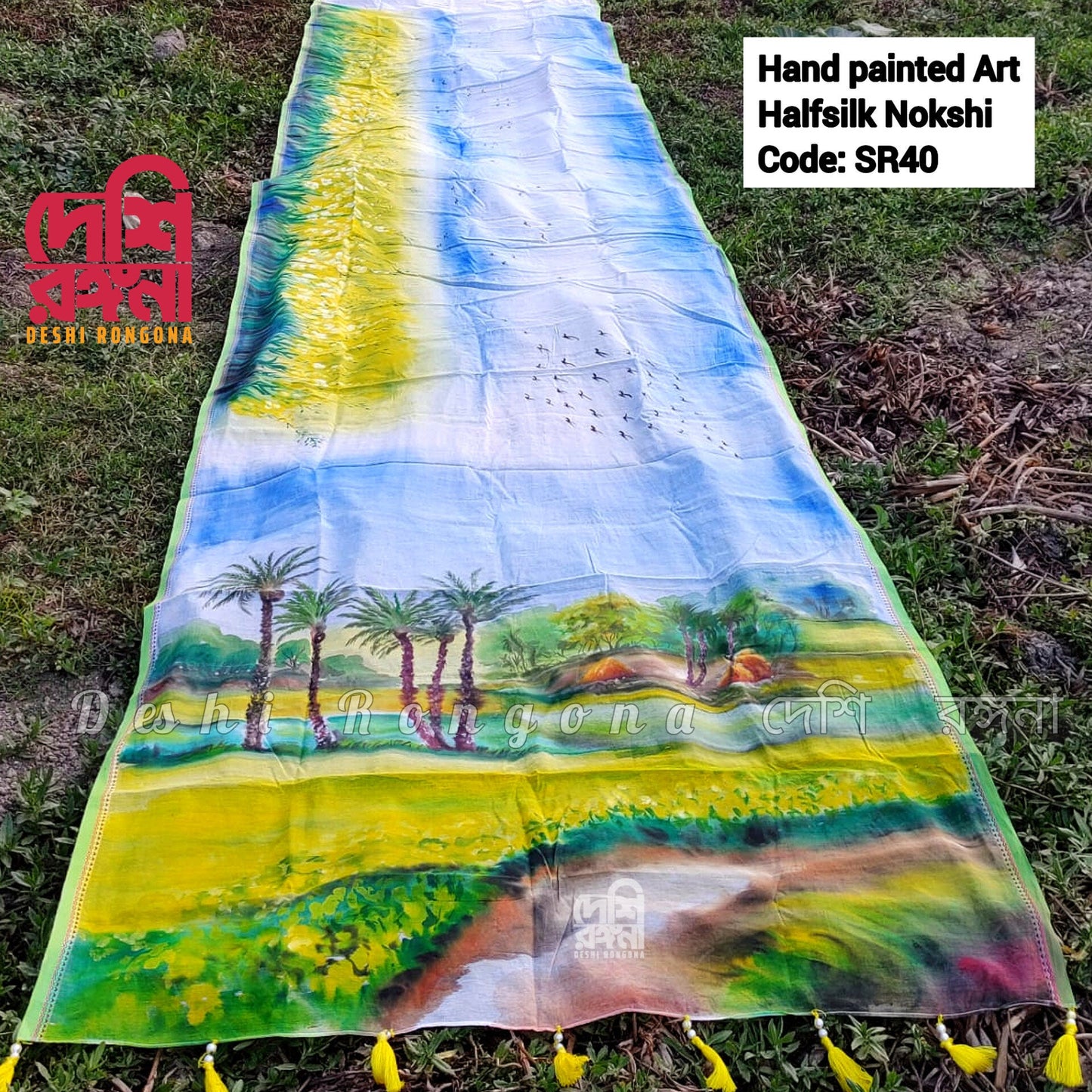 Winter Village Theme Tangail Saree, Handpainted Art, Landscape,Soft Classy Saree, painted with water color, Halfsilk, Machine Washable