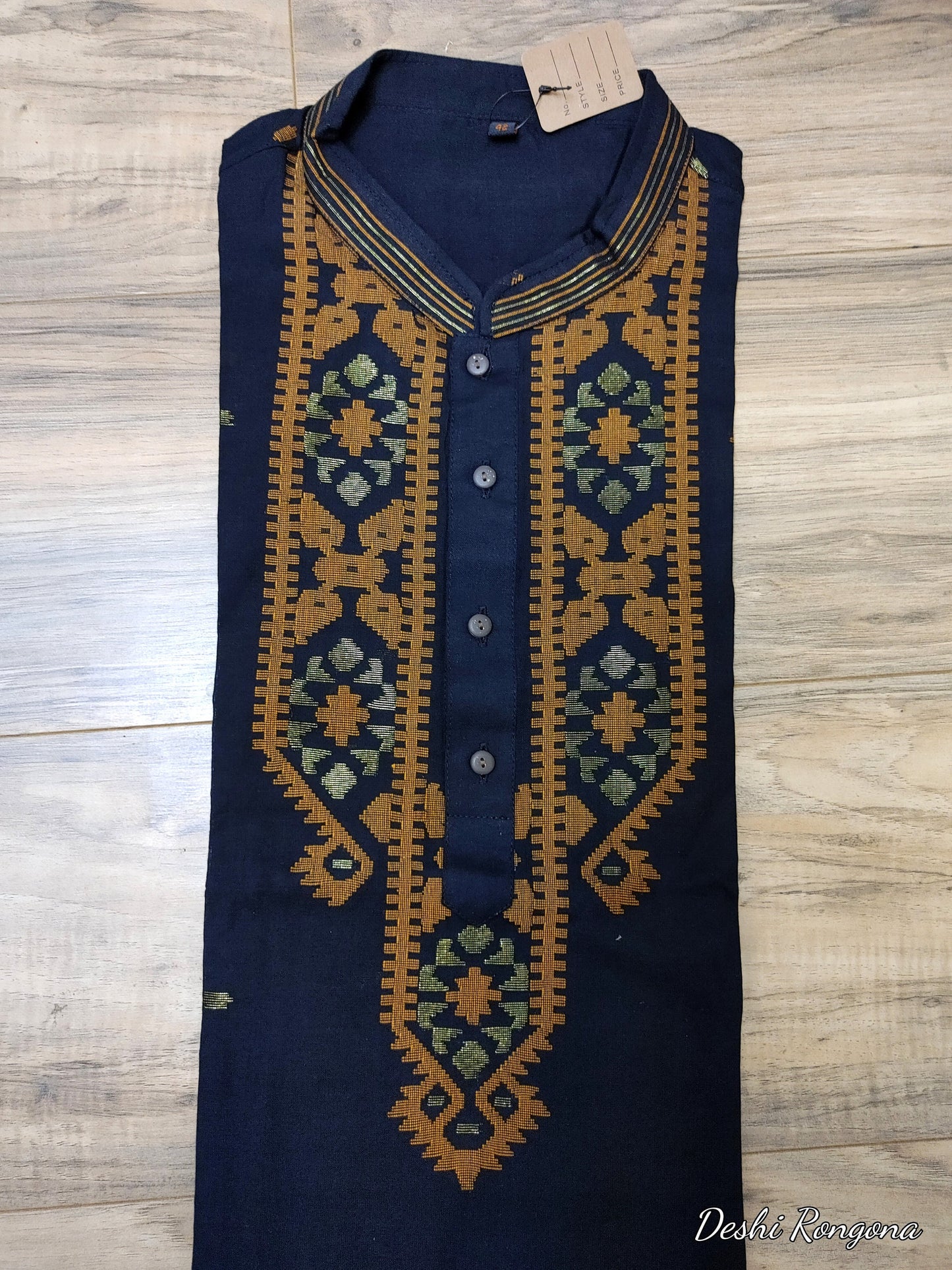 Original Dhakai Jamdani Men Punjabi, Pure Cotton, Black and Orange work Contrast Handloom, Comfortable, Elegant, Made in Dhaka, Bangladesh