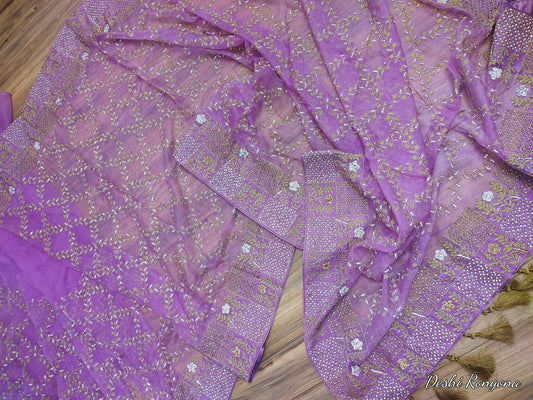 Original Moslin Handmade Karchupri work Saree, Beautiful Lavender color, Bangladeshi Pure Sopura Muslin Saree, Super Soft and Light Weight
