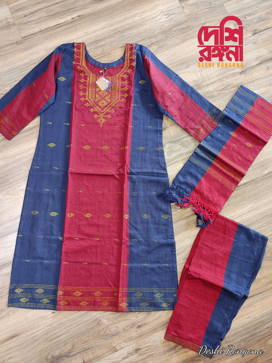 Oversize Handloom Dhakai Jamdani Cotton 3 piece, Maroon - Navy Blue Color with Golden Zari, Comfortable Summer Wear, Kamij-Dupatta-Salwar