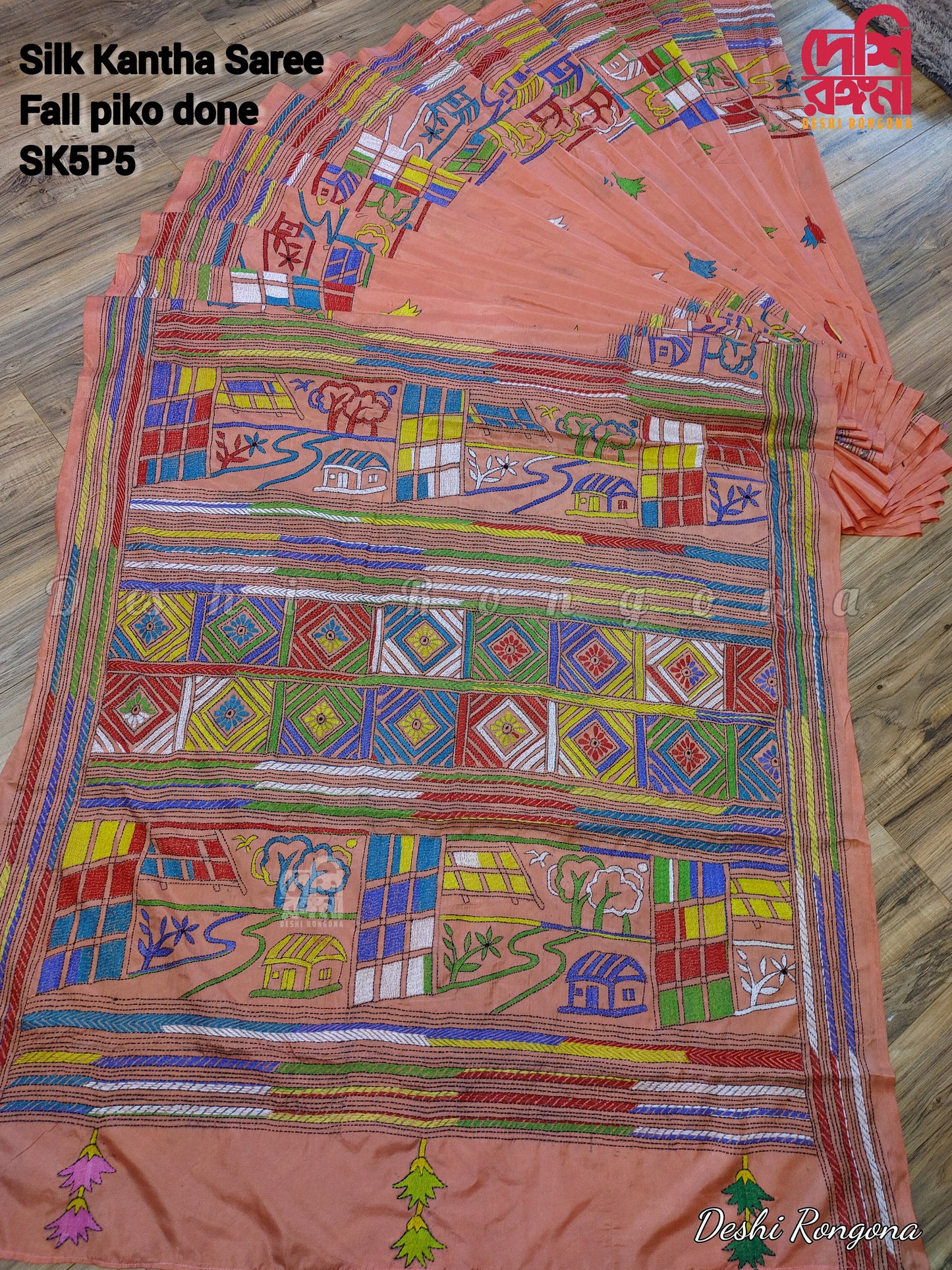 Extraordinary Hand Stiched Kantha Saree, Peach color Pure Bangalore Silk with Multi color Kantha Works, Elegant,Classy Saree, Fall piko done