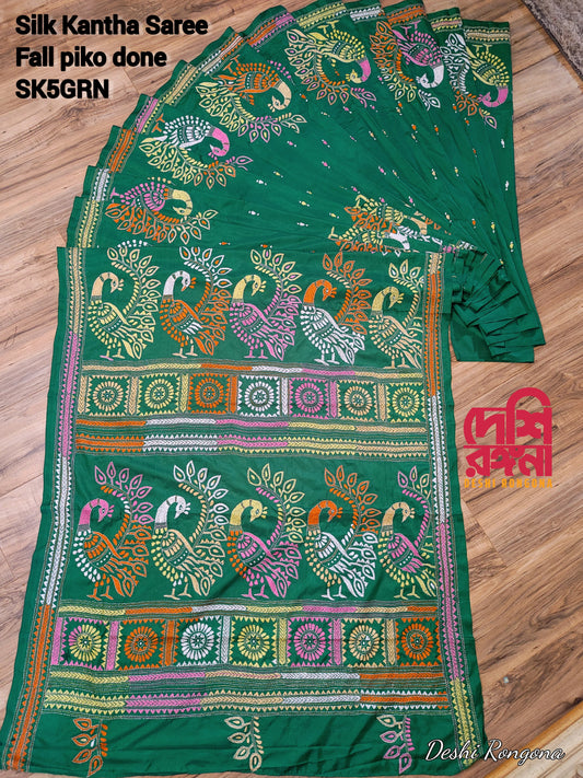 Extraordinary Hand Stiched Silk Kantha Saree, Green Pure Bangalore Silk, Multi Color Works allover, Fall/piko done, Elegant, Classy Saree