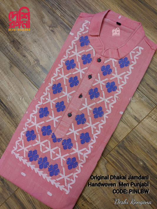 Original Dhakai Jamdani Men Punjabi, Handwoven Pure Cotton,Pinkish Peach, Comfortable, Elegant, Made in Dhaka, Bangladesh, Loose Fit