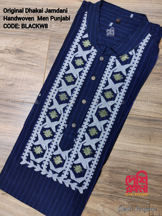 Original Dhakai Jamdani Men Punjabi, Handwoven Pure Cotton, Navy Blue / White  work, Comfortable, Elegant, Made in Dhaka, Bangladesh, Loose