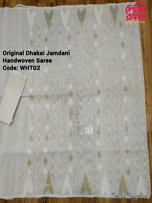 Original Dhakai Jamdani Saree, White and Golden Jari thread Work contrast, Halfsilk, Handwoven 4O count thread, Traditional Classy Saree