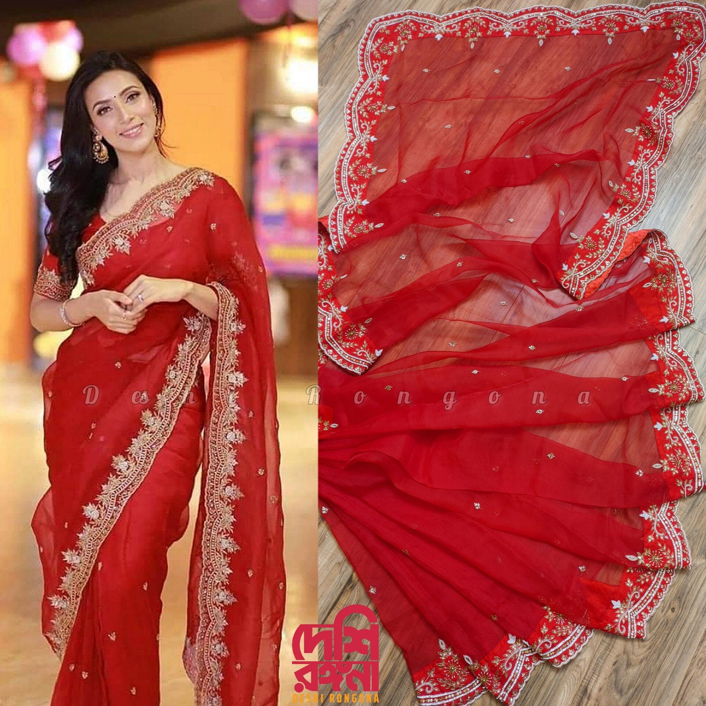 Original Moslin Handmade Karchupri work Saree, Beautiful Bridal Red color, Bangladeshi Pure Sopura Muslin Saree, Super Soft and Light Weight