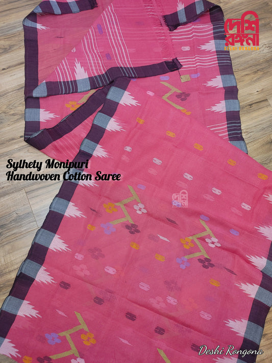 Sylheti Original Monipuri Handwoven Soft Cotton Saree, Pink with Black Woven Border, Multi Color thread Work, Bangladeshi, Traditional Saree