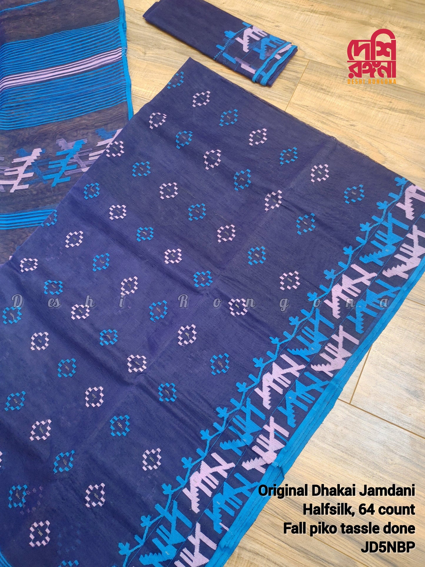 Original Dhakai Jamdani Saree, Handwoven Navy Blue with Pink/Blue work, 64 count, Halfsilk, Traditional, Classy Saree, Fall piko tassle done