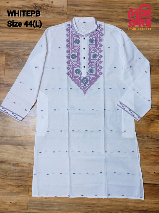 Original Dhakai Jamdani Men Punjabi, Handwoven Pure Cotton, White/Purple Comfortable, Elegant, Made in Dhaka, Bangladesh, Loose Fit Size 44