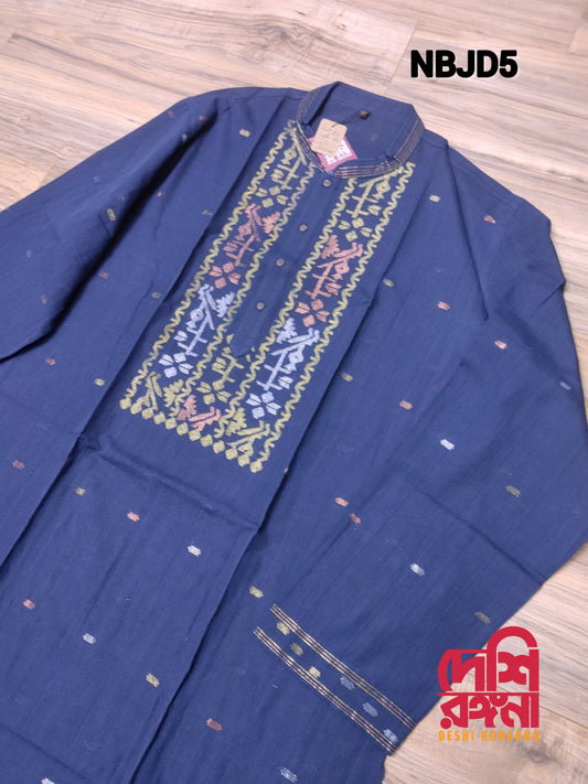 Original Dhakai Jamdani Men Punjabi, Pure Cotton, Handwoven, Navy Blue with Multi Jari Work, Comfortable, Elegant, Made in Dhaka, Bangladesh