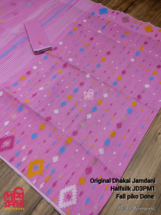 Original Dhakai Jamdani Pink Saree, HalfSilk, Multi Color thread Work, Beautiful Saree Made in Bangladesh, Fall piko Done, Ready to Ship