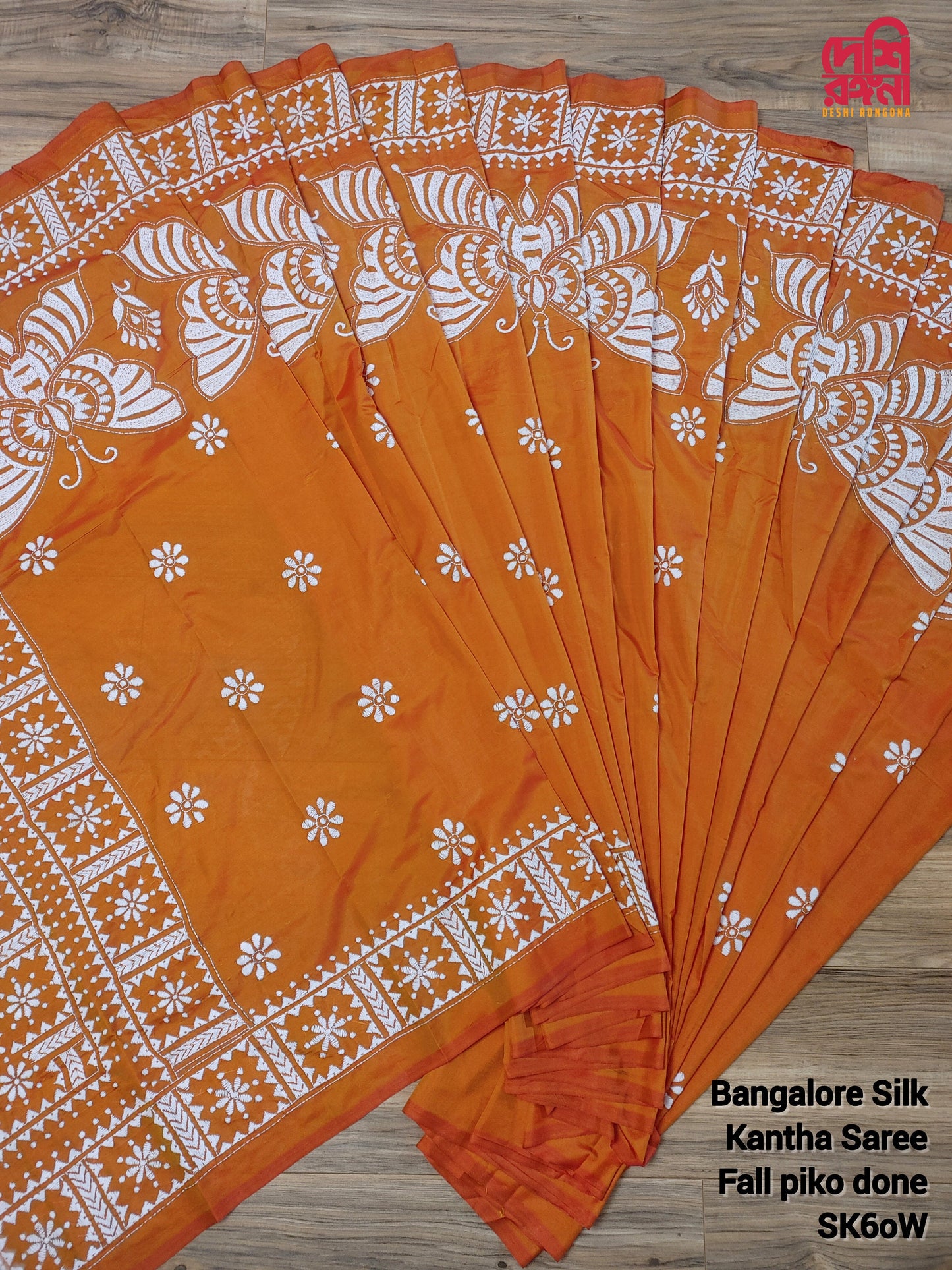 Extraordinary Hand Stitched Kantha Saree,Orange Bangalore Silk with Butterfly theme Kantha Works, Fall Piko Done, Elegant,Classy Party Saree