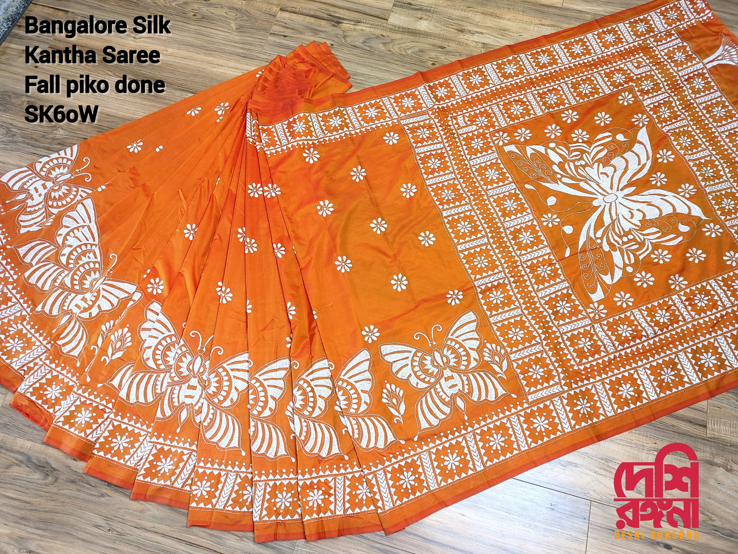 Extraordinary Hand Stitched Kantha Saree,Orange Bangalore Silk with Butterfly theme Kantha Works, Fall Piko Done, Elegant,Classy Party Saree