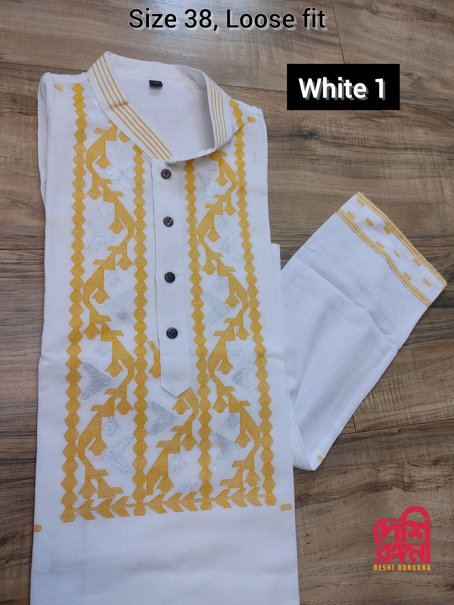 Original Dhakai Jamdani Men Punjabi, Pure Cotton, Size 38, White, Handwoven, Comfortable, Elegant, Made in Dhaka, Bangladesh  Loose Fitting