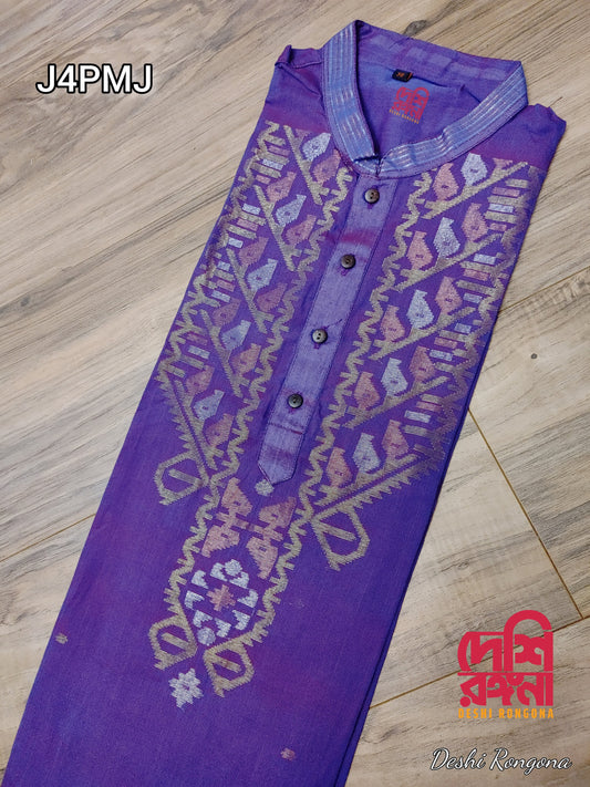 Original Dhakai Jamdani Men Punjabi, Size 38, Soft Cotton, Duel Tone Purple with Multi Jari work, Comfortable, Made in Bangladesh, Loose Fit