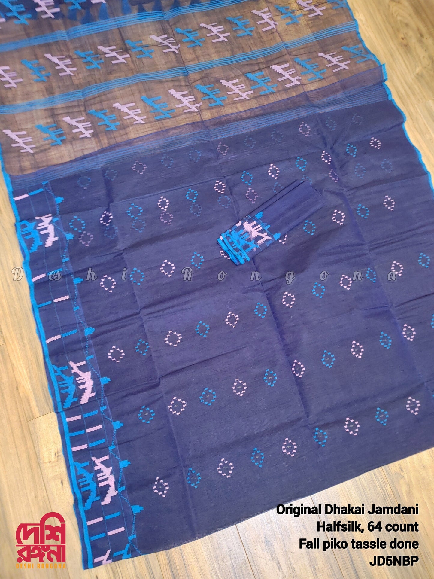 Original Dhakai Jamdani Saree, Handwoven Navy Blue with Pink/Blue work, 64 count, Halfsilk, Traditional, Classy Saree, Fall piko tassle done