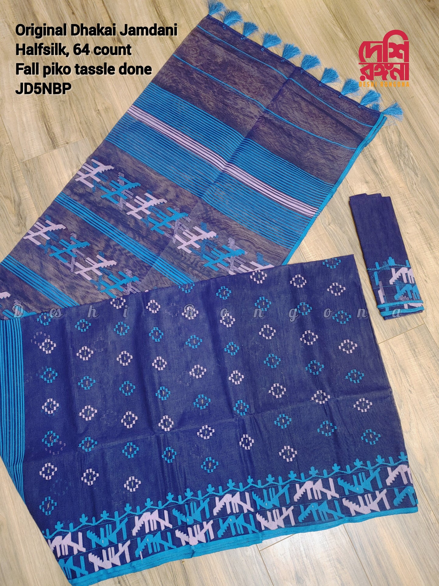 Original Dhakai Jamdani Saree, Handwoven Navy Blue with Pink/Blue work, 64 count, Halfsilk, Traditional, Classy Saree, Fall piko tassle done