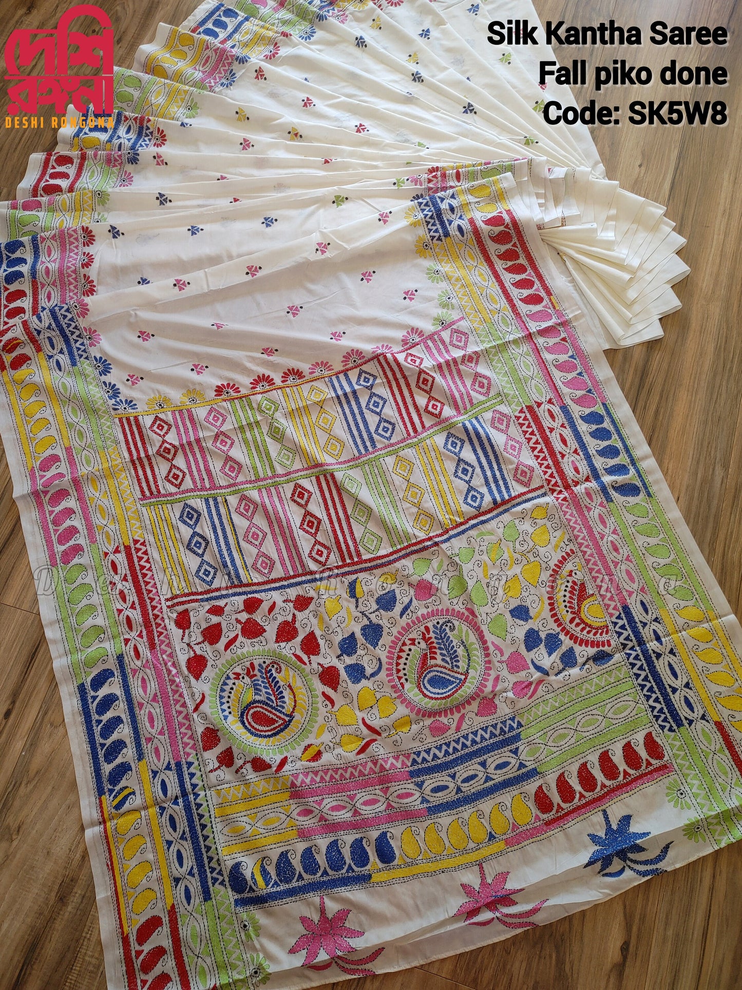 Extraordinary Hand Stiched Kantha Saree, White Pure Bangalore Silk with Multi Color kantha Works allover, Fall/piko done, Elegant and Classy
