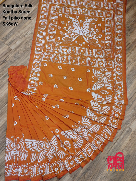 Extraordinary Hand Stitched Kantha Saree,Orange Bangalore Silk with Butterfly theme Kantha Works, Fall Piko Done, Elegant,Classy Party Saree