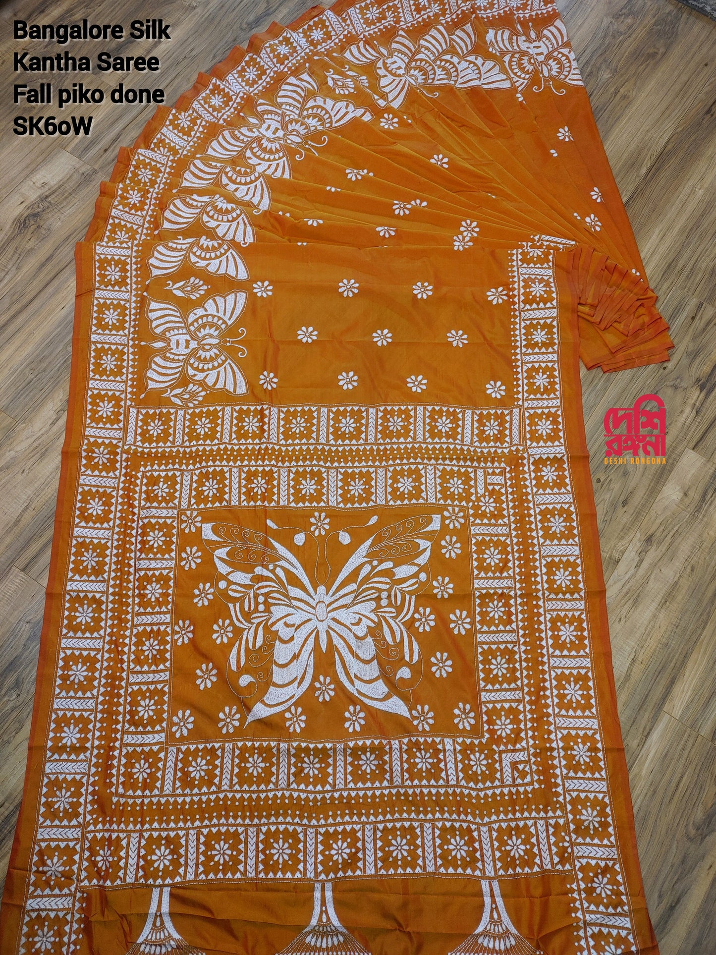 Extraordinary Hand Stitched Kantha Saree,Orange Bangalore Silk with Butterfly theme Kantha Works, Fall Piko Done, Elegant,Classy Party Saree