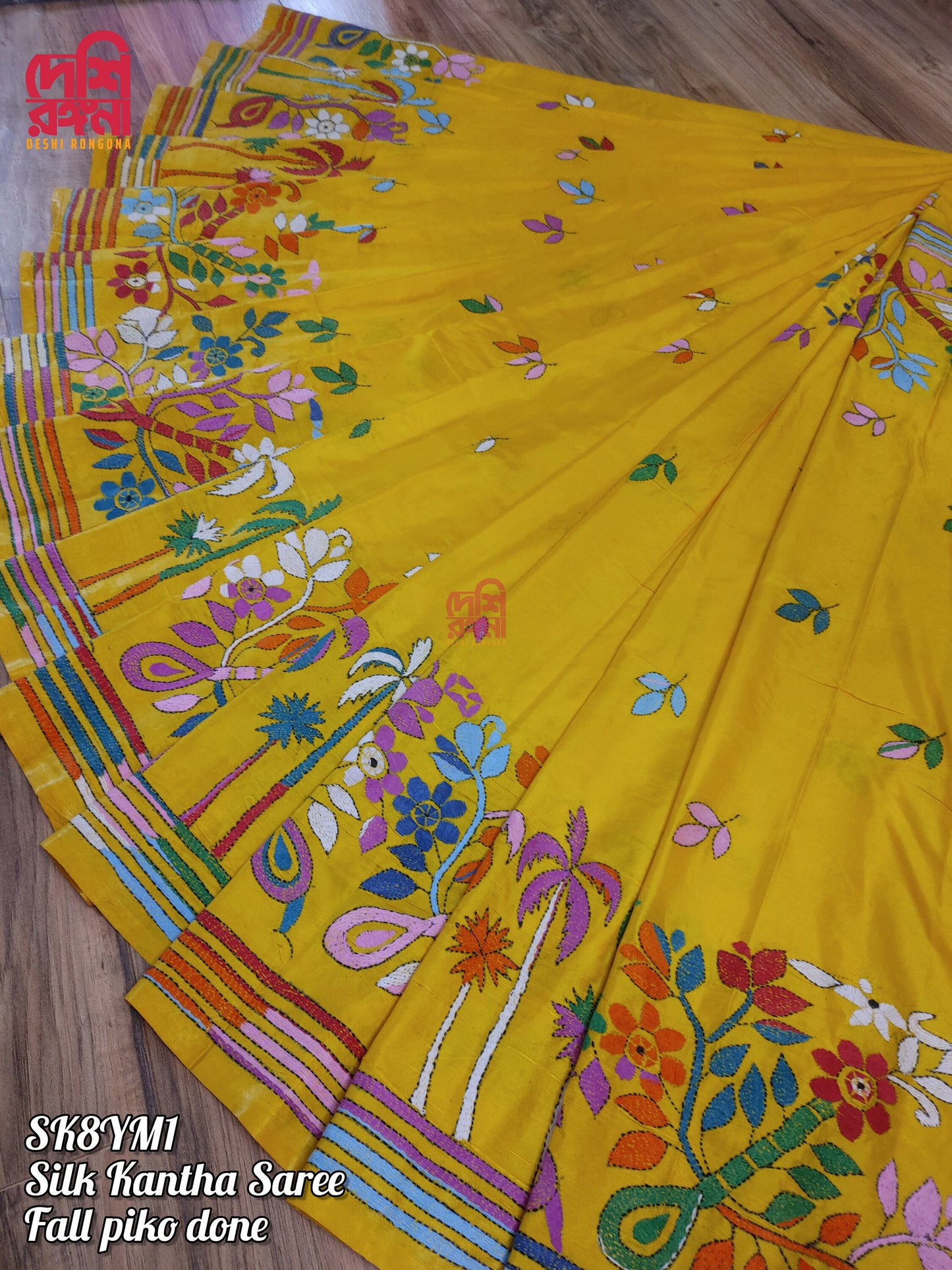 Extraordinary Hand Stiched Kantha Saree, Yellow Bangalore Silk with Multi Kantha Works Allover, running blouse piece, Elegant, Classy Saree