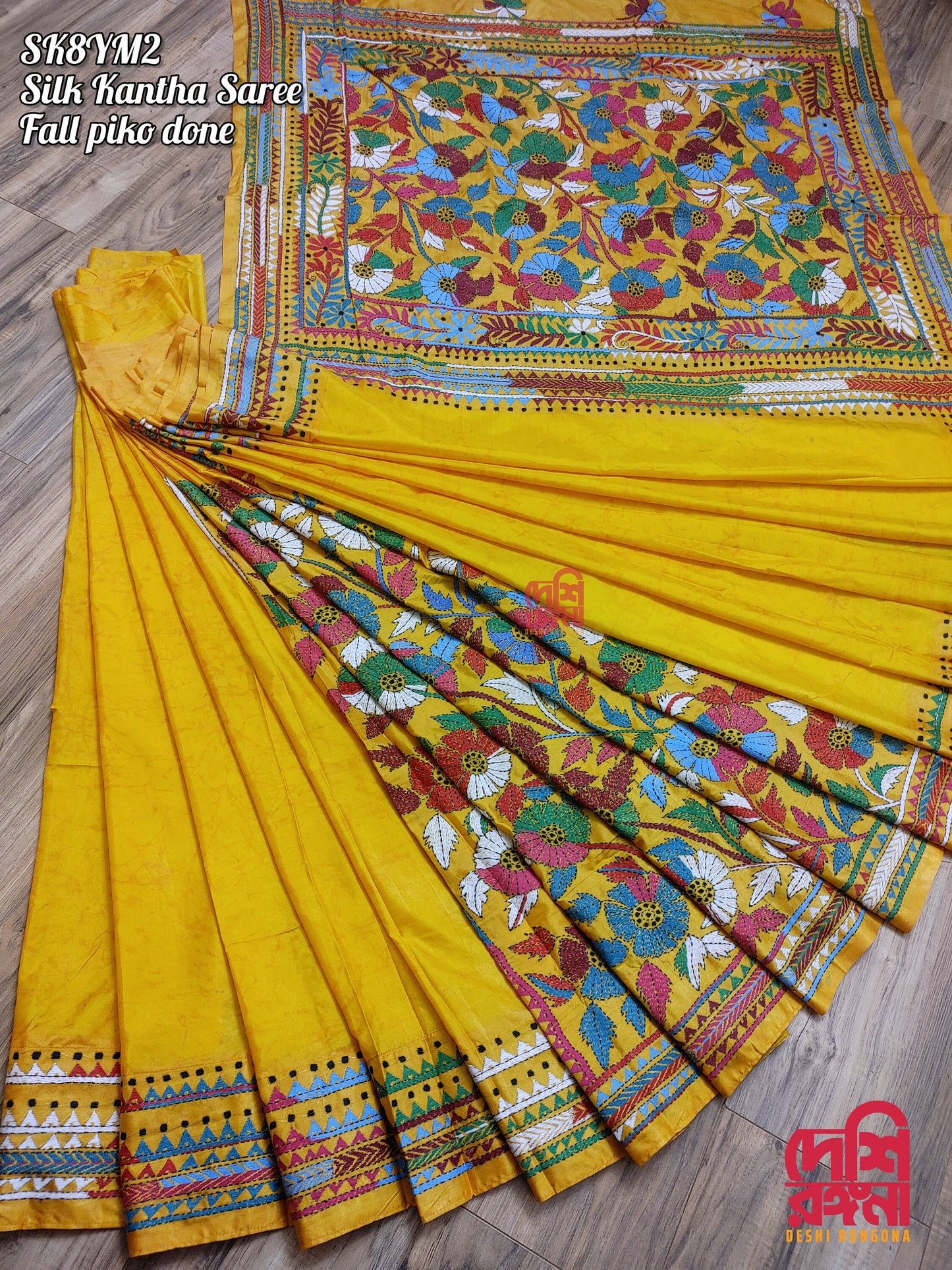 Extraordinary Hand Stiched Kantha Saree, Yellow Bangalore Silk with Multi Kantha Works Allover, Fall Piko Done, Indian Elegant, Classy Saree