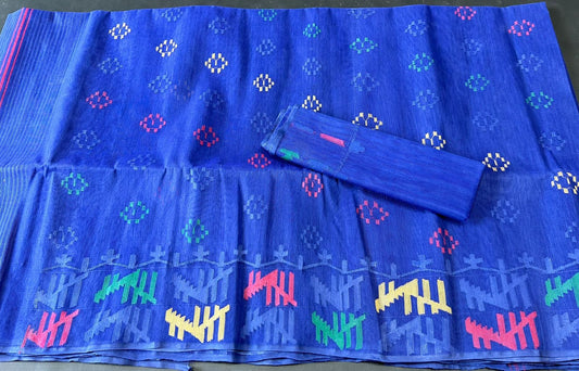 Original Dhakai Jamdani Saree, Beautiful Royal Blue color, Handwoven 64 count, Traditional, Elegant,.Classy Saree, Fall piko Tassle done