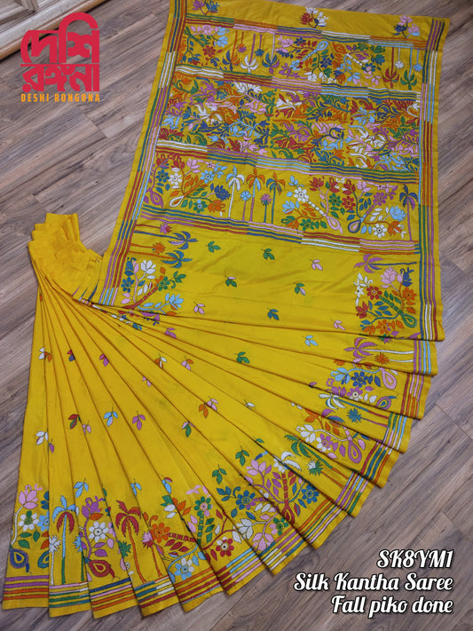 Extraordinary Hand Stiched Kantha Saree, Yellow Bangalore Silk with Multi Kantha Works Allover, running blouse piece, Elegant, Classy Saree