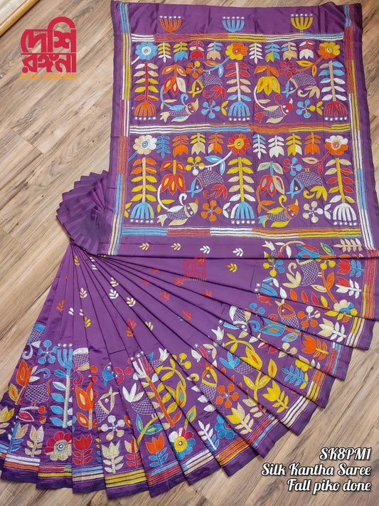 Gorgeous Hand Stiched Kantha Saree, Purple Pure Bangalore Silk, Multi Color Kantha Works, Fall piko done, Traditional, Elegant, Classy Saree