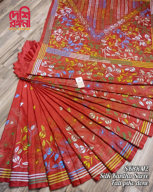 Extraordinary Hand Stiched Kantha Saree, Red Bangalore Silk with Multi Kantha Works Allover, Fall Piko Done, Indian Elegant, Classy Saree