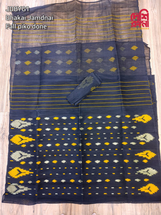 Original Dhakai Jamdani Saree, Black with Yellow-Jari work, Made in Bangladesh, Halfsilk,Handloom 40 count thread,Traditional,Classy Saree