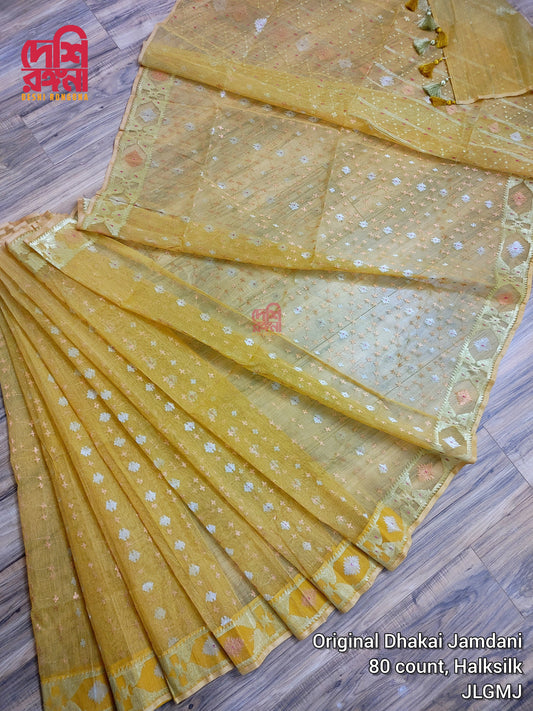 Original Dhakai Jamdani Saree, Glittery Golden /Bashonti / Multi jari thread work Handwoven HalfSilk, 84 count, Traditional,Elegant, Classy