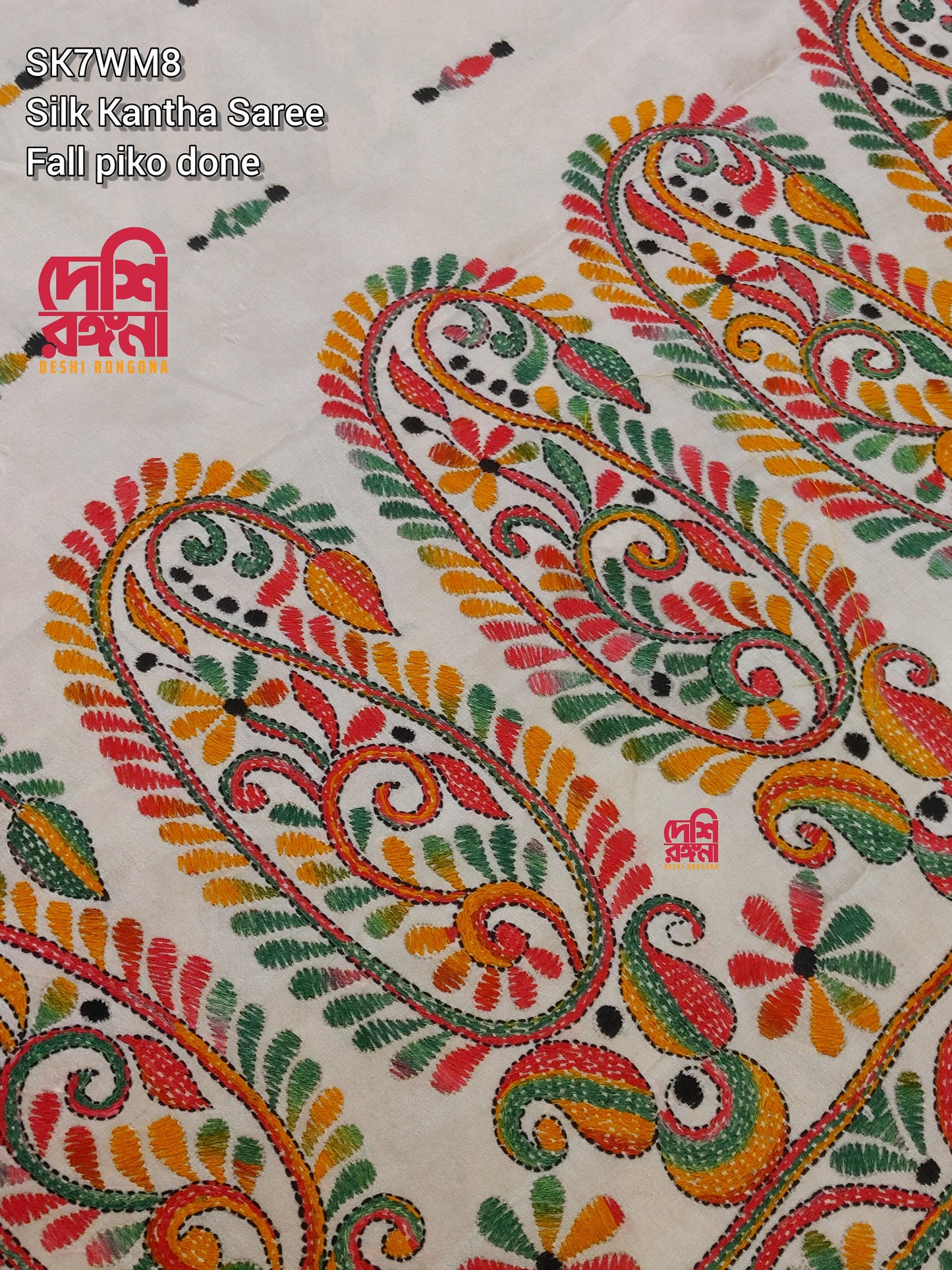 Extraordinary Hand Stiched Kantha Saree, Off White Pure Bangalore Silk, Red/Orange Green Works allover, Fall/piko done, Elegant and Classy