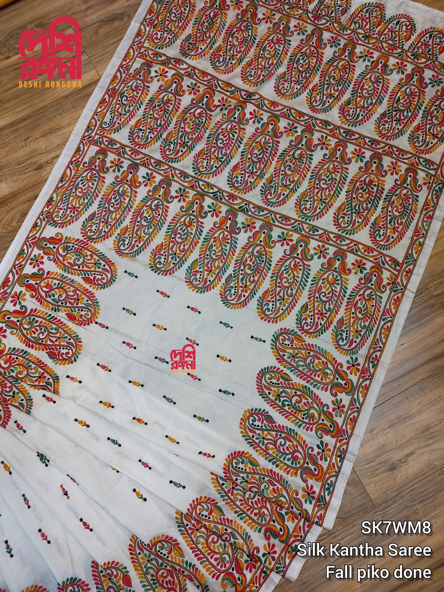 Extraordinary Hand Stiched Kantha Saree, Off White Pure Bangalore Silk, Red/Orange Green Works allover, Fall/piko done, Elegant and Classy