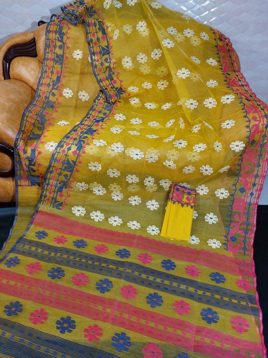 Original Dhakai Jamdani Saree, Yellow with Magenta, Blue, white work allover, Handwoven Halfsilk, Soft 84 count, Traditional Elegant, Classy