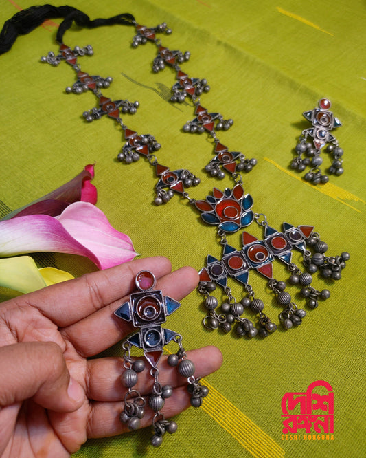 Afgan Oxidized Long Necklace Set, Glass Coat Color Oxidised Ethnic Jewelry Set, Classy and goes with most outfits