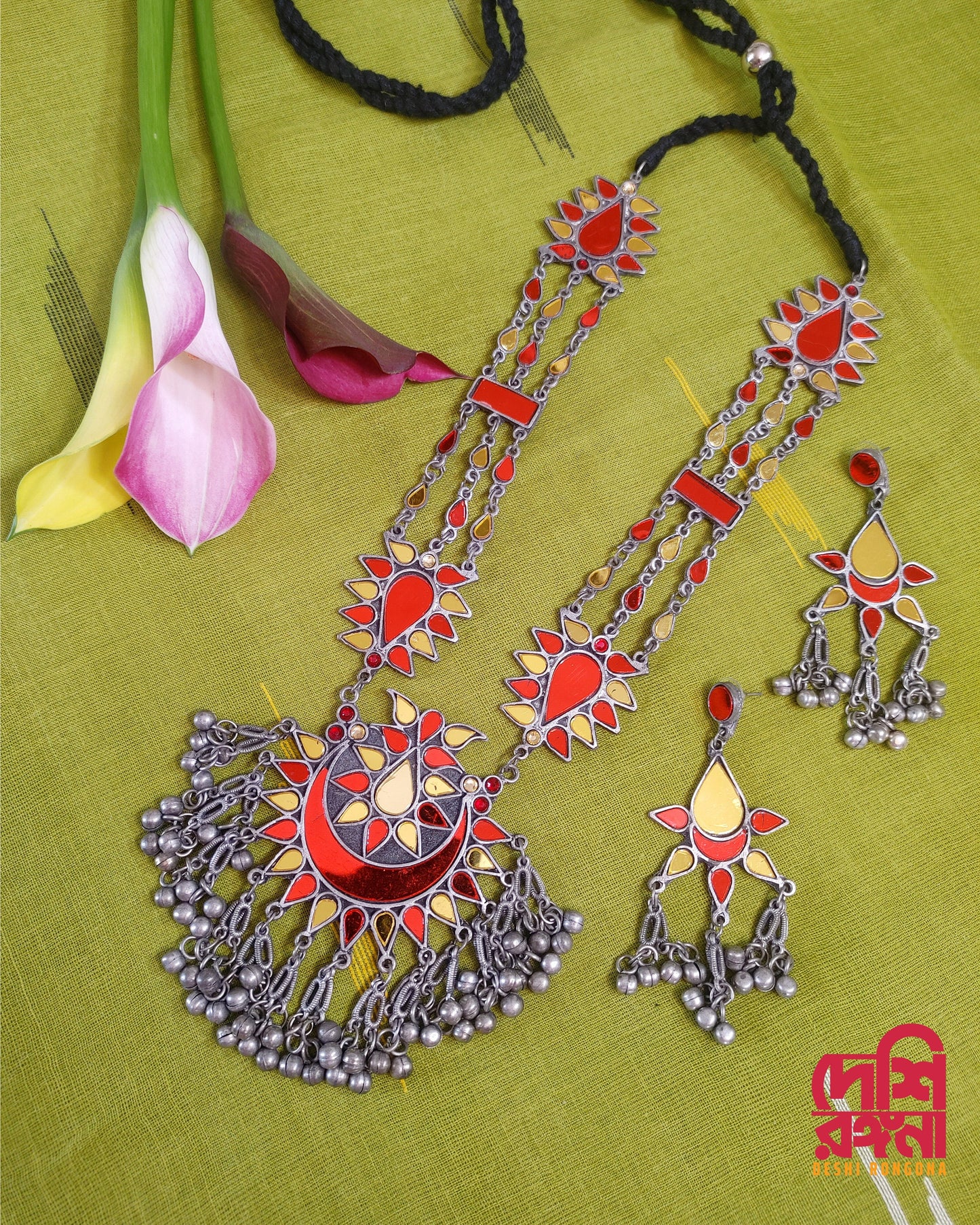 Oxidised Jewelry, Red/Orange Mirror Work Antique Silver Plated Long Necklace, Adjustable, Jhumka Stud Earrings, Indian Bollywood Jewelry