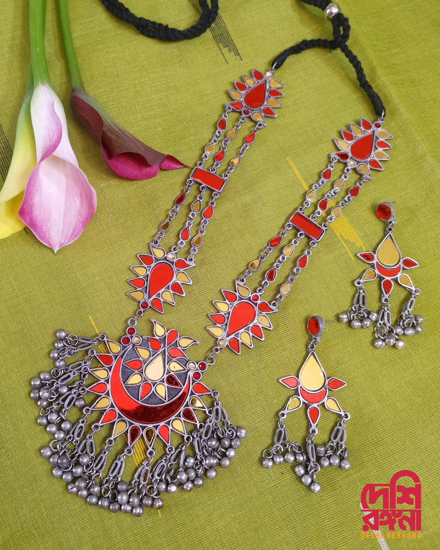 Oxidised Jewelry, Red/Orange Mirror Work Antique Silver Plated Long Necklace, Adjustable, Jhumka Stud Earrings, Indian Bollywood Jewelry