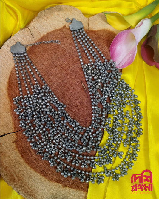 Oxidized Long Necklace Set, Multi Layered, Germen Silver Plated, Dark Oxidized, Ghungru theme, Gorgeous, Trendy Ethnic Jewelry
