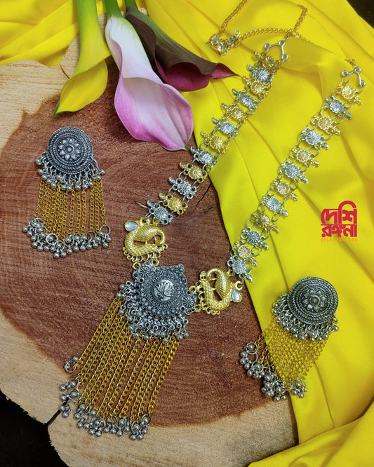 Duel Color Oxidized and Antique Gold Plated Jewelry Set, Antique Gold Plated Necklace, Jhumka Earrings, Trendy, Indian Bollywood Jewelry
