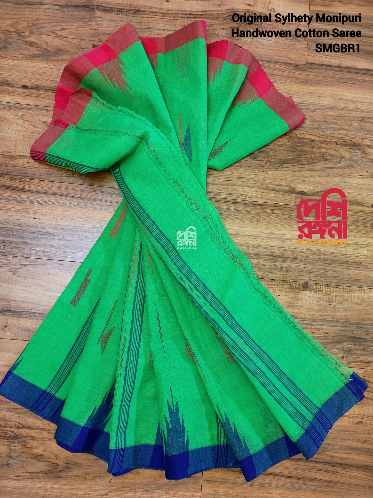 Sylheti Original Monipuri Handwoven Soft Cotton Saree, Neon Green, 2 Color Handwoven Border, Bangladeshi Traditional Saree,Running Blouse pc