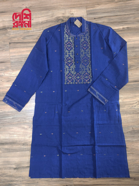 Original Dhakai Jamdani Men Punjabi, Pure cotton, Royal Blue, Handloom, Comfortable, Elegant, Made in Dhaka, Bangladesh, Loose Fitting