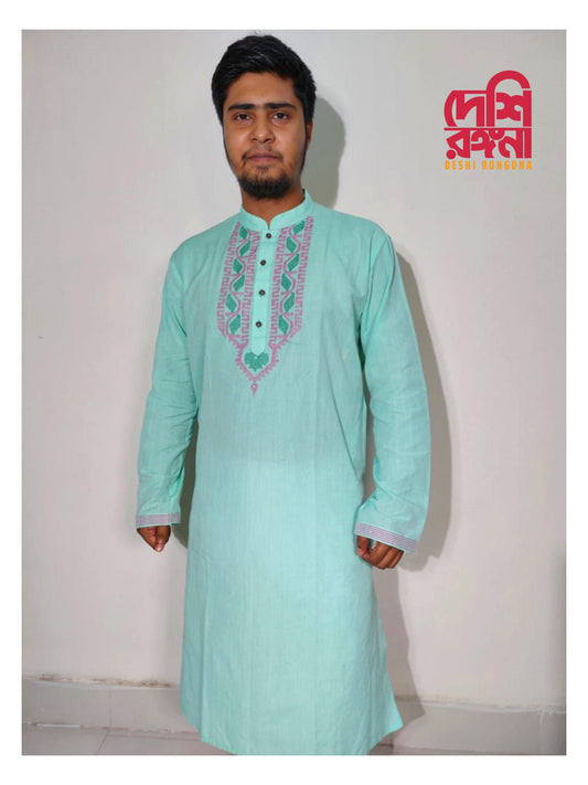 Original Dhakai Jamdani Men/Kid Punjabi, Pure Cotton, Mint Green Color, Loose Fit, Handwoven, Comfortable, Elegant, Made in Dhaka,Bangladesh