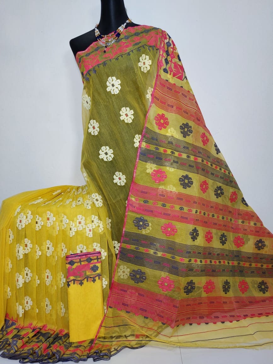Original Dhakai Jamdani Saree, Yellow with Magenta, Blue, white work allover, Handwoven Halfsilk, Soft 84 count, Traditional Elegant, Classy