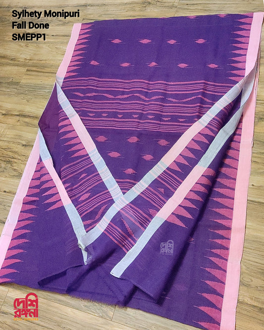 Sylhety Original Monipuri Handwoven Soft Cotton Saree, Enchanting Purple with Pink Hand Woven Border, Bangladeshi, Traditional Saree