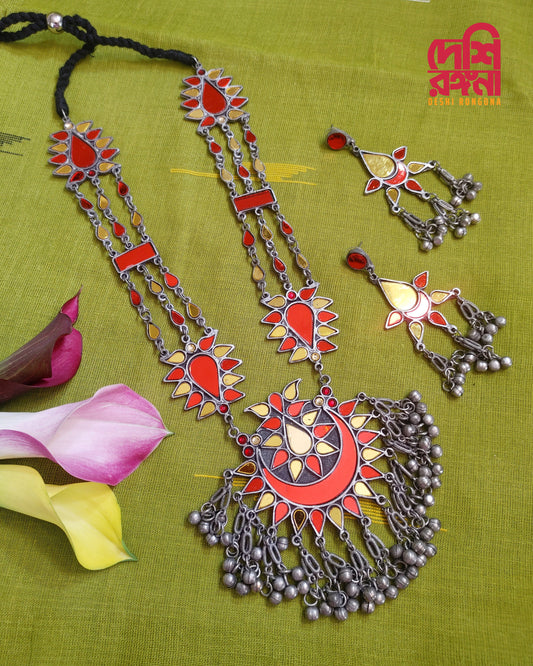 Oxidised Jewelry, Red/Orange Mirror Work Antique Silver Plated Long Necklace, Adjustable, Jhumka Stud Earrings, Indian Bollywood Jewelry